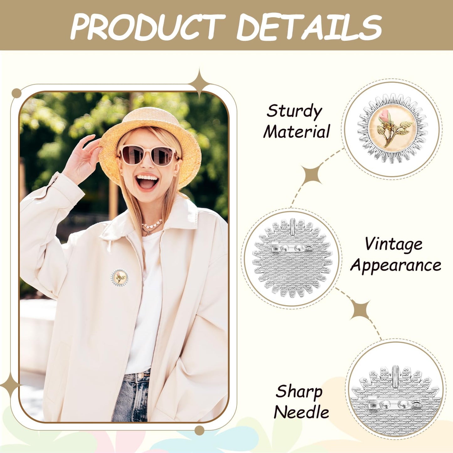 MECCANIXITY 10 Pcs Cabochon Brooch, 25mm Alloy Findings Trays Round Pins, Vintage Setting Brooch Pins for DIY Jewelry Making Pendants Photo Craft, Sunflower Style, Silver