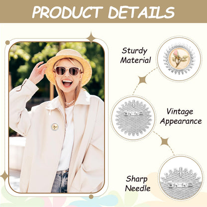 MECCANIXITY 10 Pcs Cabochon Brooch, 25mm Alloy Findings Trays Round Pins, Vintage Setting Brooch Pins for DIY Jewelry Making Pendants Photo Craft, Sunflower Style, Silver
