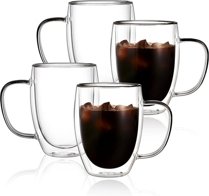 12oz Mugs(4-pack),Insulated CNGLASS Double Walled Glass Coffee Glass Mugs with Handle,Clear Espresso Cups