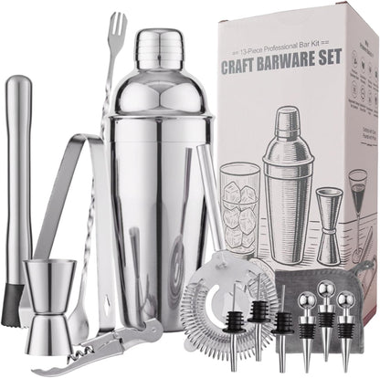 13-Piece Set Set Bartender Kit Bar Tool Boston Cocktail Shaker with Muddler,Strainer,Jigger,SpoonHome Bar Accessories