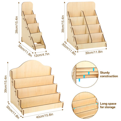 Wonderjune 3 Pcs 4 Tiered Greeting Card Display Stand Sticker Display Stand for Vendors Wooden Collector Card Rack Wood Holder for Postcard Photos Bookmark Trade Shows Retail Counter, 3 Sizes(Brown)