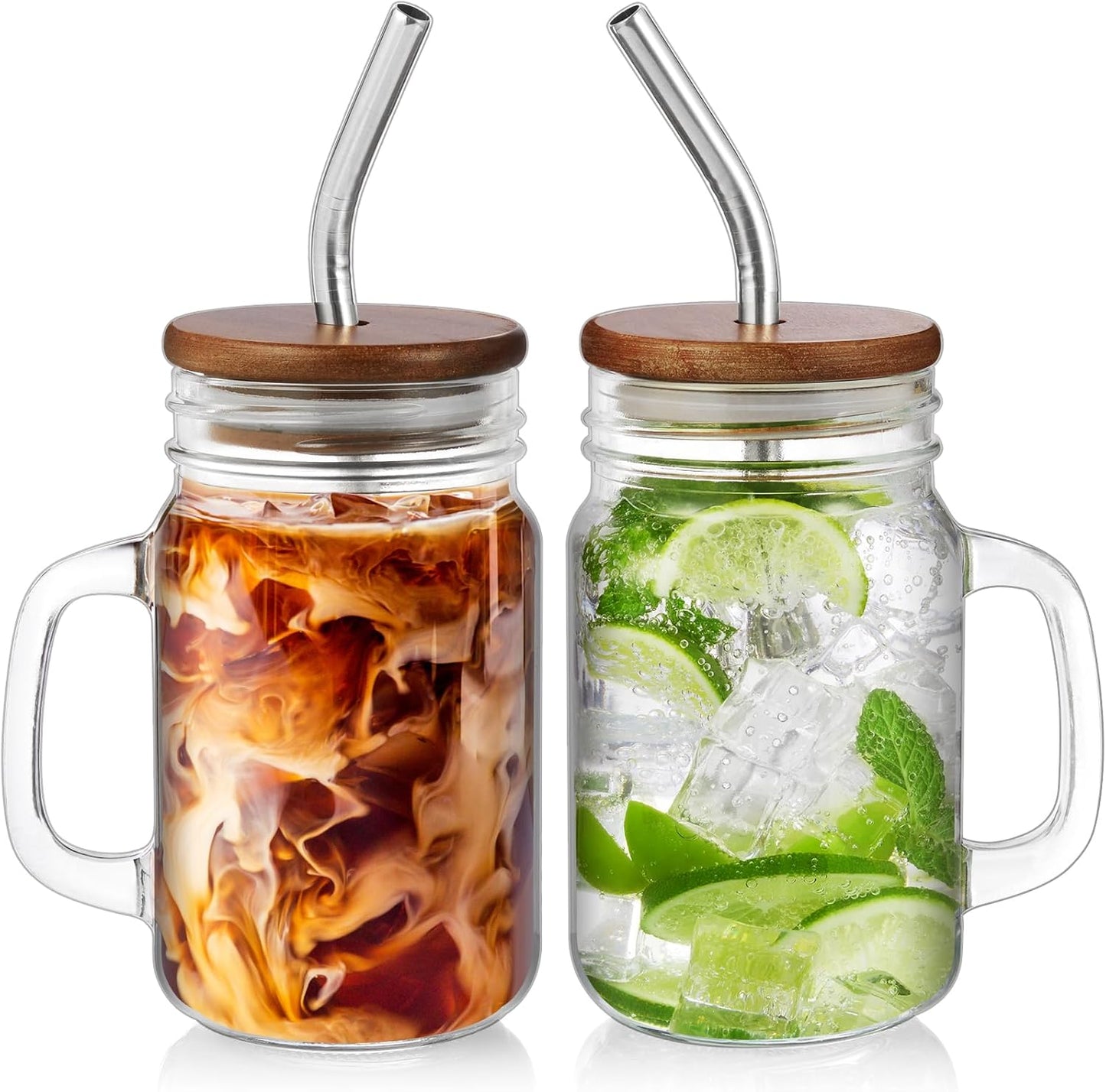 16 oz Set 2, DRASTAR Iced Coffee Cup, Mason Jar Cups with Handle, Small Glass Coffee Mugs with Straws and Acacia Lids