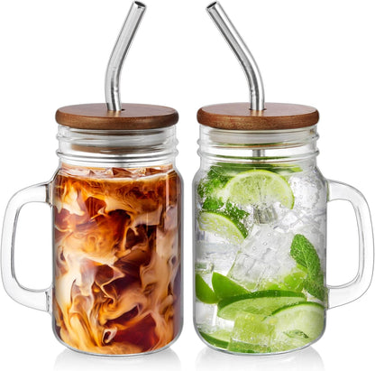 16 oz Set 2, DRASTAR Iced Coffee Cup, Mason Jar Cups with Handle, Small Glass Coffee Mugs with Straws and Acacia Lids