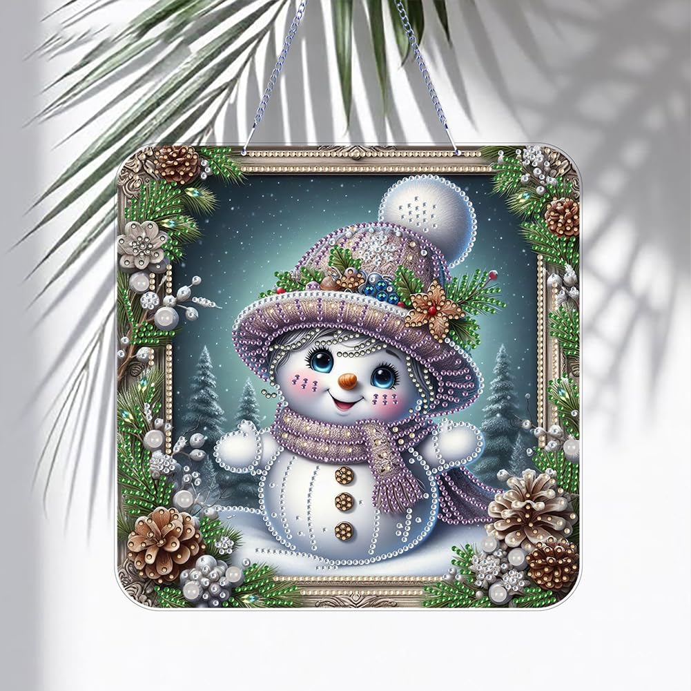 POETRYDRAW DIY Hanging Diamond Art Pendant Kit Christmas Snowman, Special Crystal Diamonds Painting Ornament for Adults, 5D Diamond Art Suncatchers Double Sided Board Gem Painting Box Kit