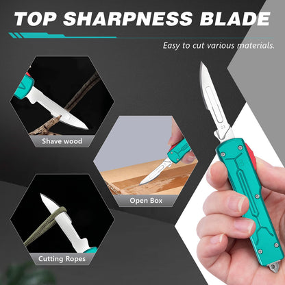 Automatic Utility Knife All Metal EDC Push Button Box Cutter with Quick-Change Retractable Blade, Includes 10pcs #23 Stainless Steel Blades & Clip,Knifes for Precision Work Green