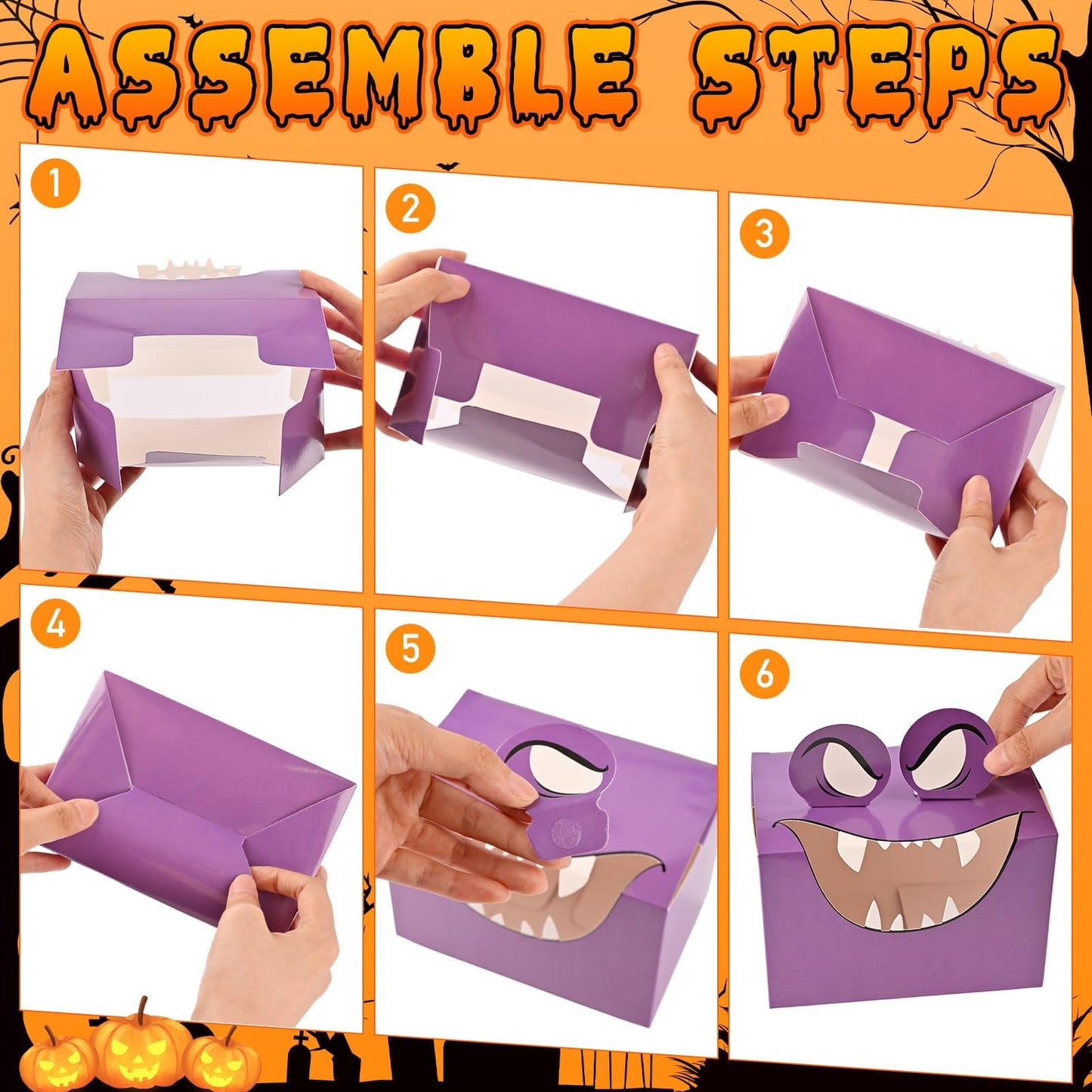 THAWAY 36 Pcs Halloween Treat Boxes with Funny Big Opening Design, Paper Candy Gift Goodie Boxes for Party Favors, Classroom Gift Exchange and Trick or Treating (6 Spooky Designs, 6x4x4 Inches)