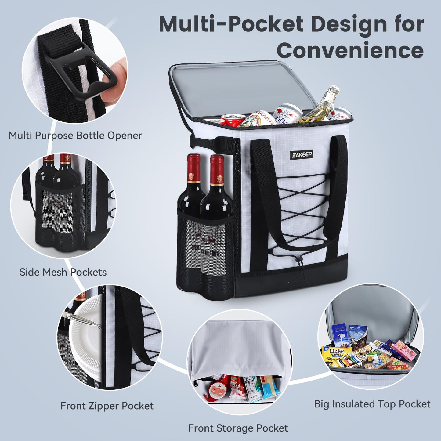 ZAKEEP Cooler Backpack, 36 Cans Multifunctional Leakproof Cooler Backpack with Padded Top Handle, Mesh Pocket for Camping BBQ (White)