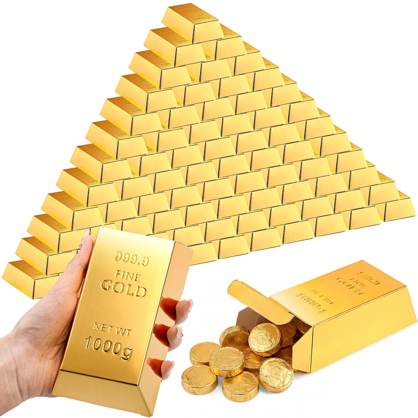 Honoson 150 Pcs Gold Bar Fake Gift Box Foil Gold Bar Party Favor Boxes Paper Golden Favor Boxes Treasure Brick for Pirate Casino Theme Party Decorations Candy Treats Chocolate Toys, 5.5 x 3.2 Inches