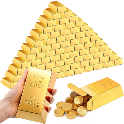 Honoson 150 Pcs Gold Bar Fake Gift Box Foil Gold Bar Party Favor Boxes Paper Golden Favor Boxes Treasure Brick for Pirate Casino Theme Party Decorations Candy Treats Chocolate Toys, 5.5 x 3.2 Inches