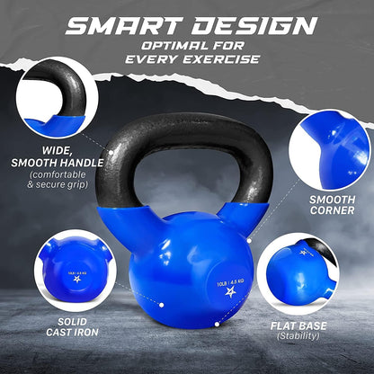 Yes4All Kettlebell, 10 lb Vinyl Coated Cast Iron Kettlebell Set of 2 for Home Gym Exercises, Heavy Weights Gym, Fitness, Full Body Workout Equipment, Push up, Grip, Strength Training - Blue