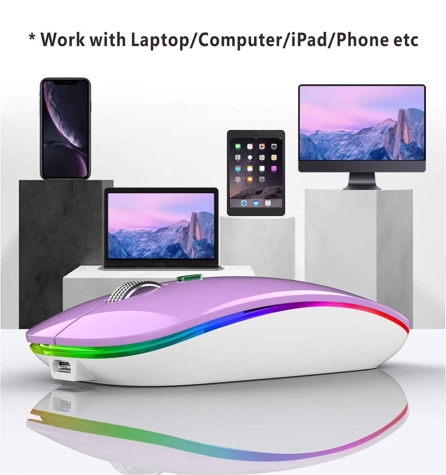 TENMOS Wireless Bluetooth Mouse, LED Slim (Bluetooth 5.1/5.0 + USB) 2.4GHz Rechargeable Silent Bluetooth Wireless Mouse with Type C Adapter for Laptop/MacBook/iPad OS 13 and Above (Matte Black)