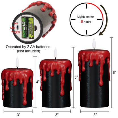 DRomance Battery Operated Flameless Candles with 6H Timer, Blood Dripping Wax Effect Black LED Pillar Candles 3D Wick Flickering Spooky Halloween Indoor Decoration Light(3 Pack, 3 x 4,5,6 Inches)