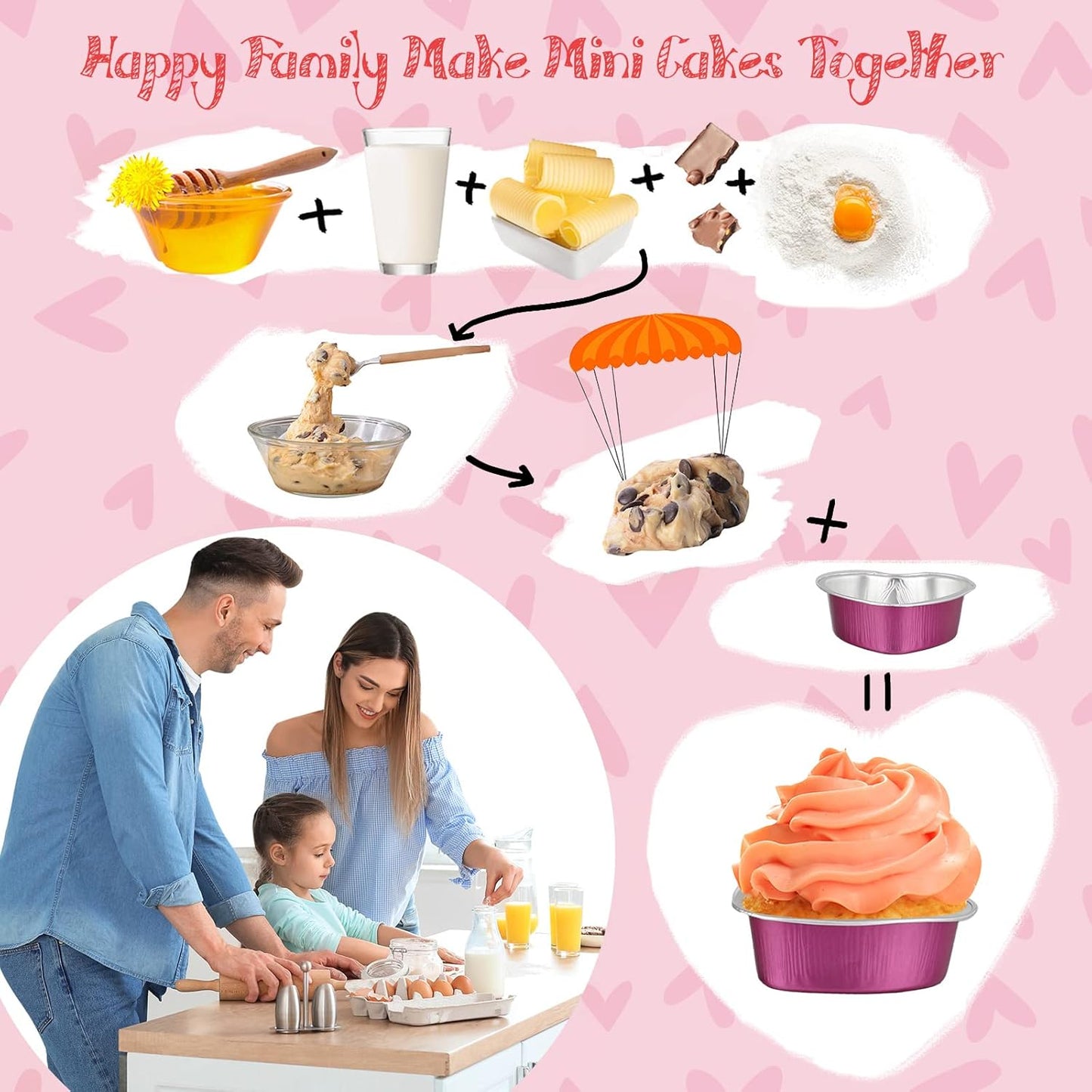 Honeydak Heart Shape Cake Pan, Aluminum Foil Mini Cake Cup with Lids, 100ml Disposable Baking Cups, 3 Colors (48 Sets)