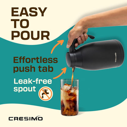 Thermal Coffee Carafe, 68 Oz - Black Stainless Steel, Durable & Easy to Pour, Keeps Drinks Hot for 12 Hours & Chilled