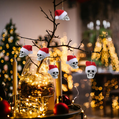Lenwen 24 Pcs Mini Hanging Skull Heads Santa Hat Halloween Skeleton Head Tree Ornament Decorations for Holiday Party Xmas Tree Decor (2.16 Inch)