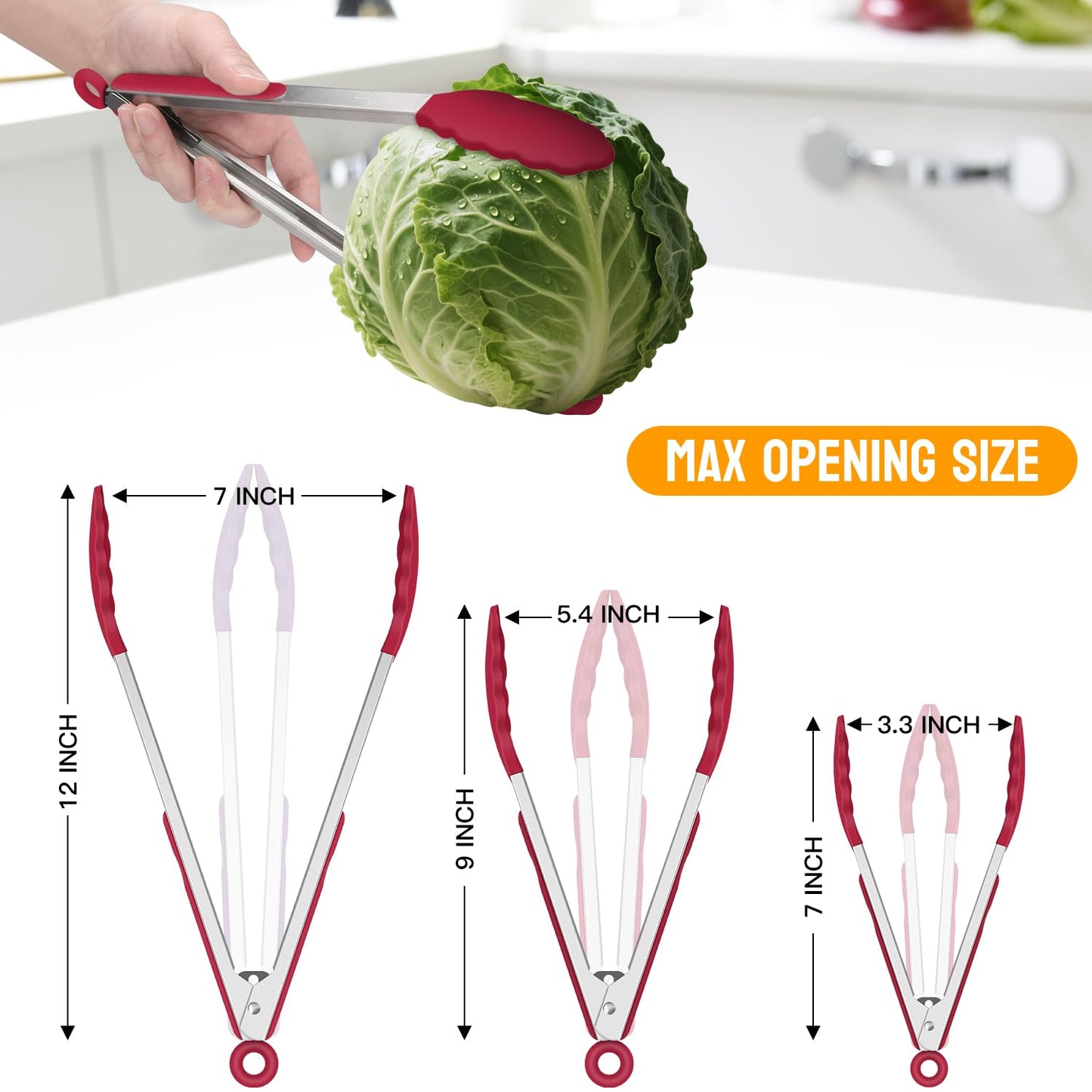 HOTEC Premium Stainless Steel Locking Kitchen Tongs with Silicon Tips, Set of 3-7", 9" and 12" (Red)