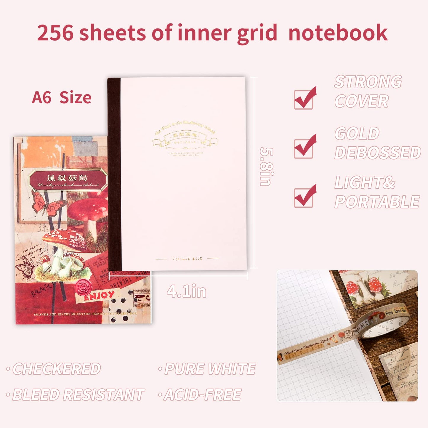 emmoolife Scrapbooking Supplies Kit, Vintage Mushroom Aesthetic Scrapbook Kit for Bullet Junk Journal, Stationery, A6 Grid Notebook, DIY Journaling Supplies, Birthday Craft Gift for Teen Girl Women