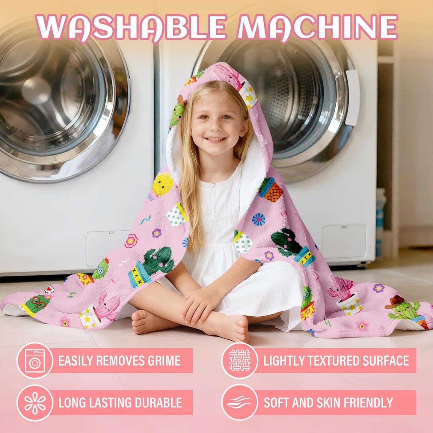 JOPJOLIW 30" 50", Cactus Hooded Towel for Kids x Cute Dancing Cactus Print Blanket, Soft Flannel Blanket Wearable Bath
