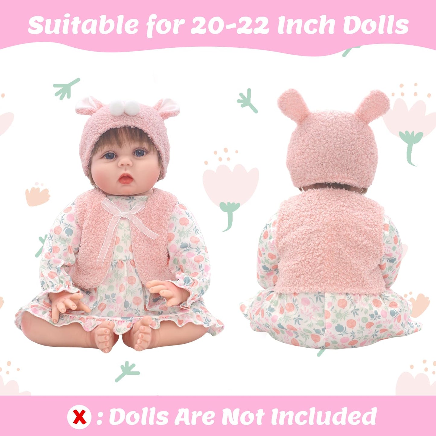 Reborn Doll Clothes for 20-22 Inch Dolls, 3 Sets 20 Inch Baby Doll Clothes Accessories 10 Pcs with Dress Coat Outfits, Headbands, Socks, Top and Pants for 20"- 22" Baby Dolls