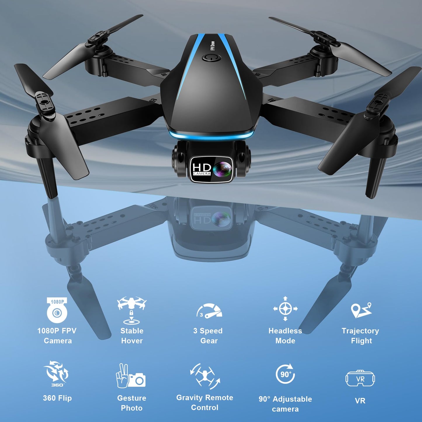 Oddire Mini Drone with Camera - Drones for Kids Adults, 1080P HD Foldable Drone with Stable Hover, Auto-Follow, Trajectory Flight, Gravity Control, 90° Adjustable Lens, One Key Take Off/Land, 3D Flip