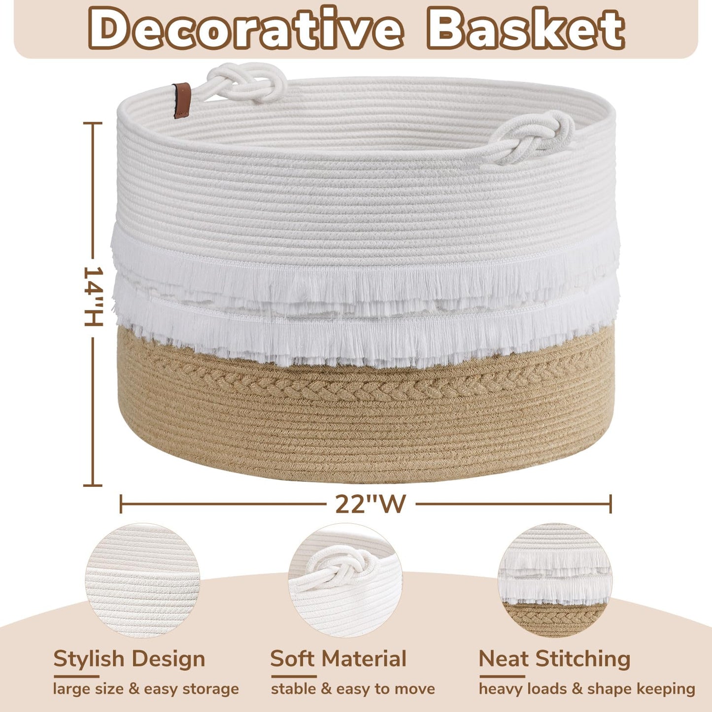 CherryNow Large Wicker Laundry Basket for Entryway, Bedroom, Jute Decorative Baskets for Clothes, Toys, Towel Basket for Bathrooom, 22 x 14 inches, 83L