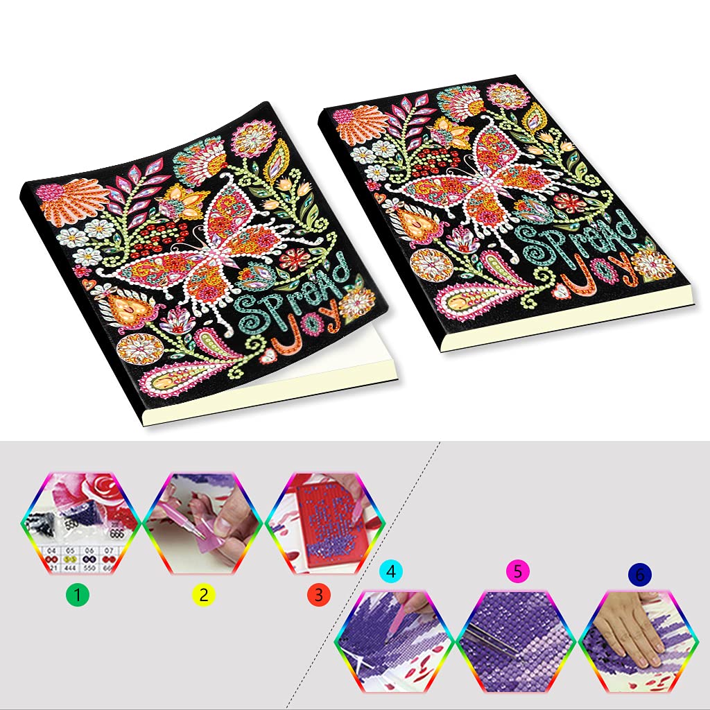 5D Diamond Art Painting Notebook Kits Spread Joy Butterfly Cover Leather DIY Special Shaped Journal Sketchbook Cross Stitch Diamond Art Hardcover Dairy Book Festival Birthday Gift 8.27x5.71IN