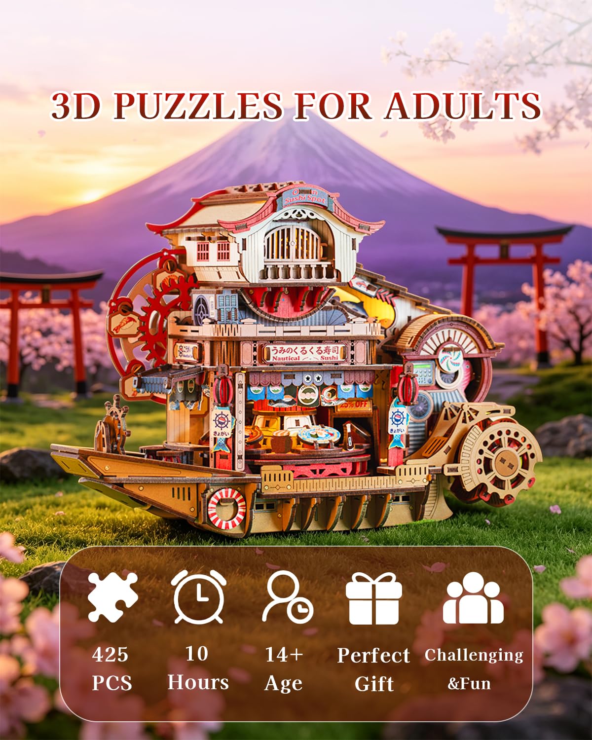 Nautical Sushi 3D Puzzles for Adults, 425PCS Wooden Mechanical Model Building Kit with Music and Lights, Miniature House Kit, Unique Home Decor Craft Gifts for Christmas Birthday Father's Day