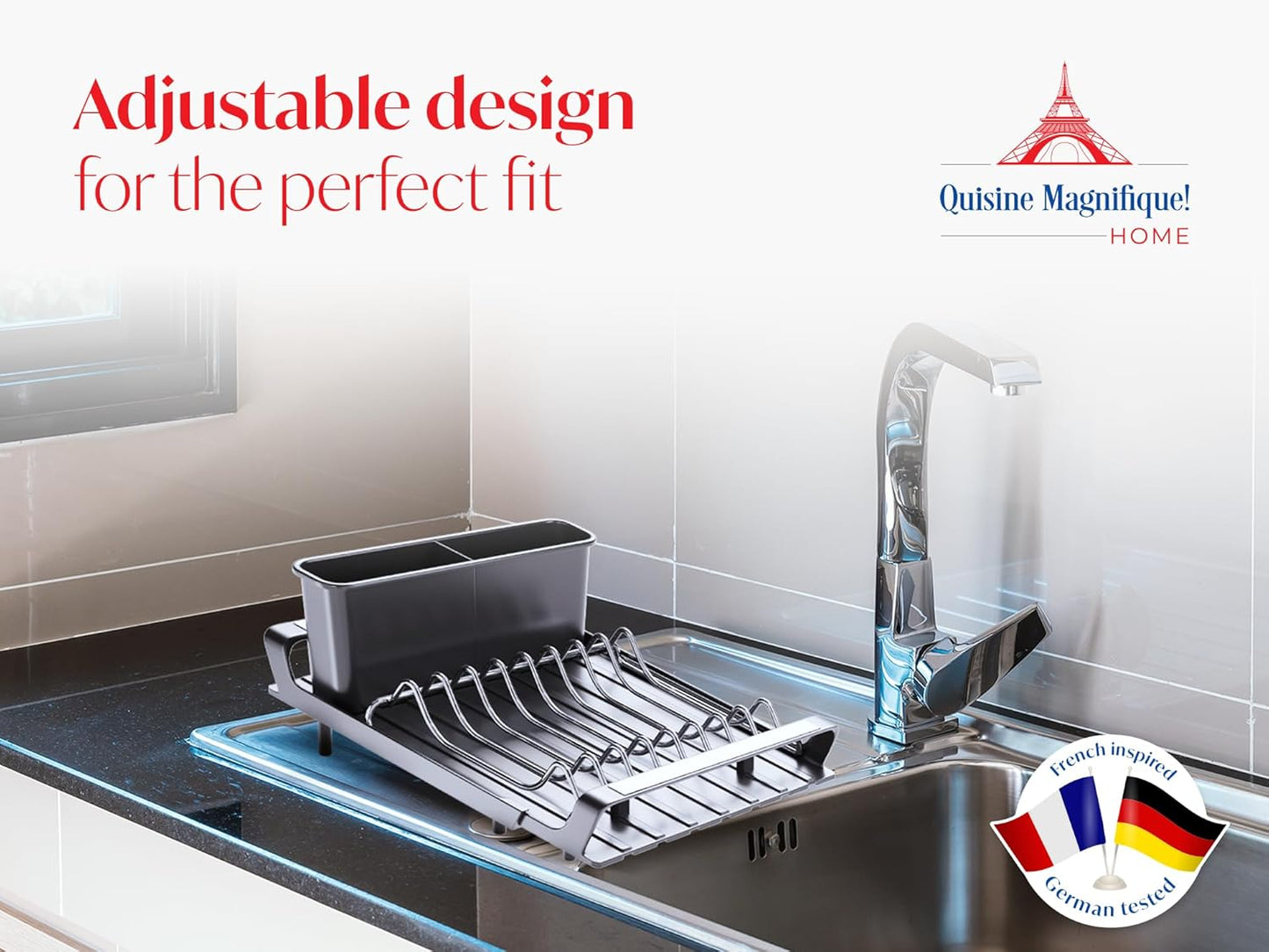 Cuisine Magnifique! Home Dish Drying Rack, Adjustable Length, Includes Kitchen Towel, French-Inspired Space-Saving