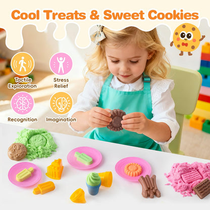 Crelloci Food Theme Magic Play Sand Kit for Kids – 2.2lb Sensory Play Sand with Burger, Hot Dog, Chips, Cake & Ice Lolly Moulds, Cutters, Roller, Fork & Spoon – Creative Sand Toys for Kids Age 3+
