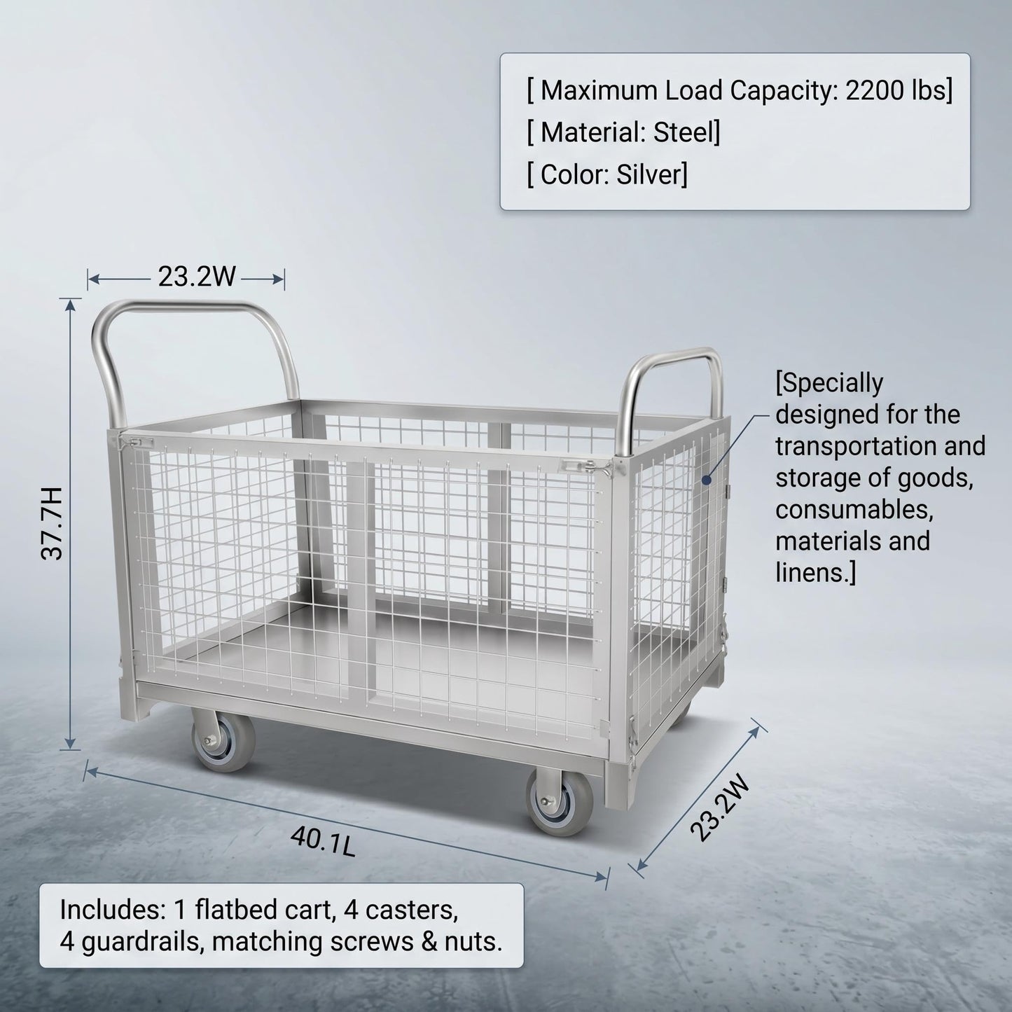 4-in-1 Rolling carts with cage, Multi-Purpose Heavy-Duty Duty cart, 2200-pound Capacity, Folding cart with 5-inch Wheels, for Groceries, Garage, Warehouse (39.4 inches Long x 23.6 inches Wide)