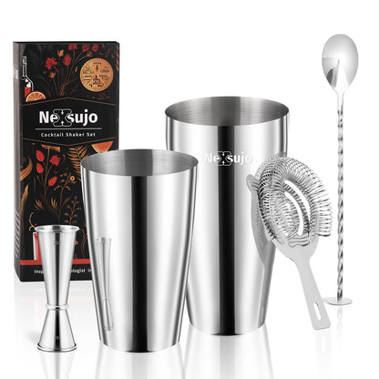 Nexsujo Boston Cocktail Shaker Set, 4-Piece Bar Tools Set, Professional Bar Set with Boston Shaker, Bar Spoon, Jigger, Hawthorne Strainer, Stainless Steel, Dishwasher Safe, Ideal Bartender Kit for Bar