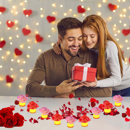 YBB 24 Pack Artificial Rose Tea Light, Valentine's Day Rose Petals Flameless LED Candle Lights for Romantic Night Anniversary Wedding Party Decor