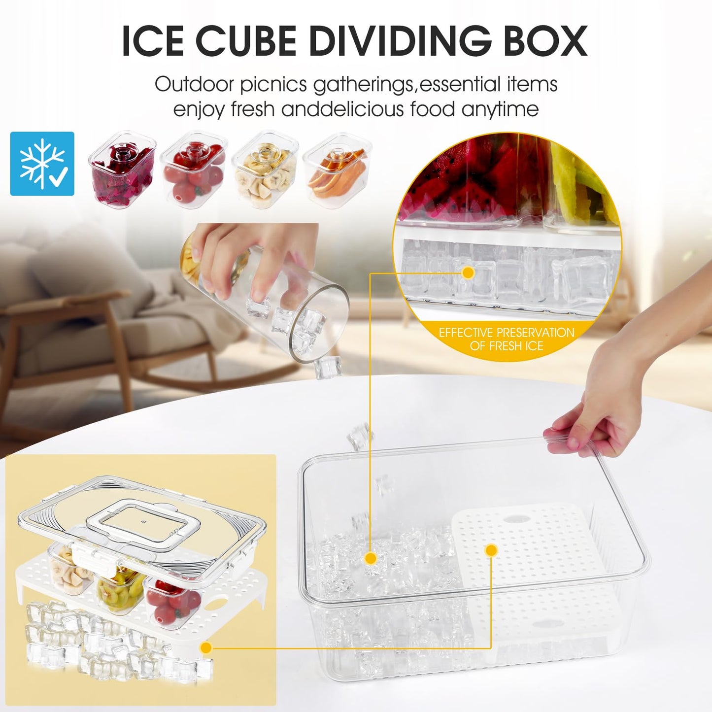8 Compartment Snack Box with Ice Compartment, Leakproof Portable Cold Food Storage Container, Acrylic Airtight Food Tray for Long Haul Truckers Long Distance Drivers, Road Trip Car Cab Food Organizer