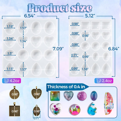 LET'S RESIN Cabochon Gems Resin Molds, 36 Cavities UV Resin Jewelry Making Kit with 16 PCS Metal Pendants Trays,Silicone Molds for Pendants,Earrings,Necklace