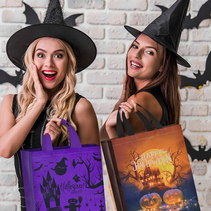 AhfuLife 12 Pcs Halloween Trick or Treat Bags, Large Candy Tote Bags with Handles, Reusable Non-Woven Gift Bag for Halloween Party Supplies Favors (15×11.8×3.9’’)