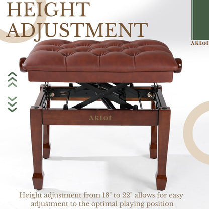 AKLOT Hydraulic Piano Bench, Keyboard Bench with Padded Cushion, Ajustbale Heavy Duty Piano Seat with High-Density Sponge, Piano Stool 23.22"X 15.75" Solid Wooden Piano Chair for Pianist（Walnut