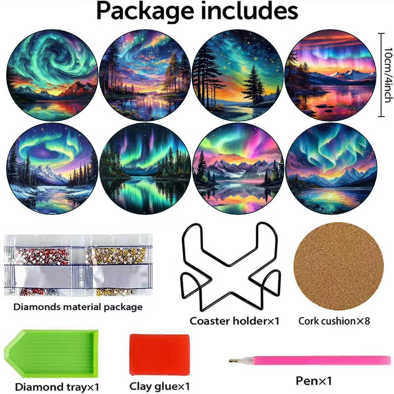 8 Pcs Aurora Diamond Art Coasters Kits with Holder, Landscape Diamond Painting Coasters Kits for Adults, DIY 5D Nature Scenery Diamond Dots Small Mini Kit Full Drill Art Craft Supplies 4X4 Inch