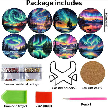 8 Pcs Aurora Diamond Art Coasters Kits with Holder, Landscape Diamond Painting Coasters Kits for Adults, DIY 5D Nature Scenery Diamond Dots Small Mini Kit Full Drill Art Craft Supplies 4X4 Inch