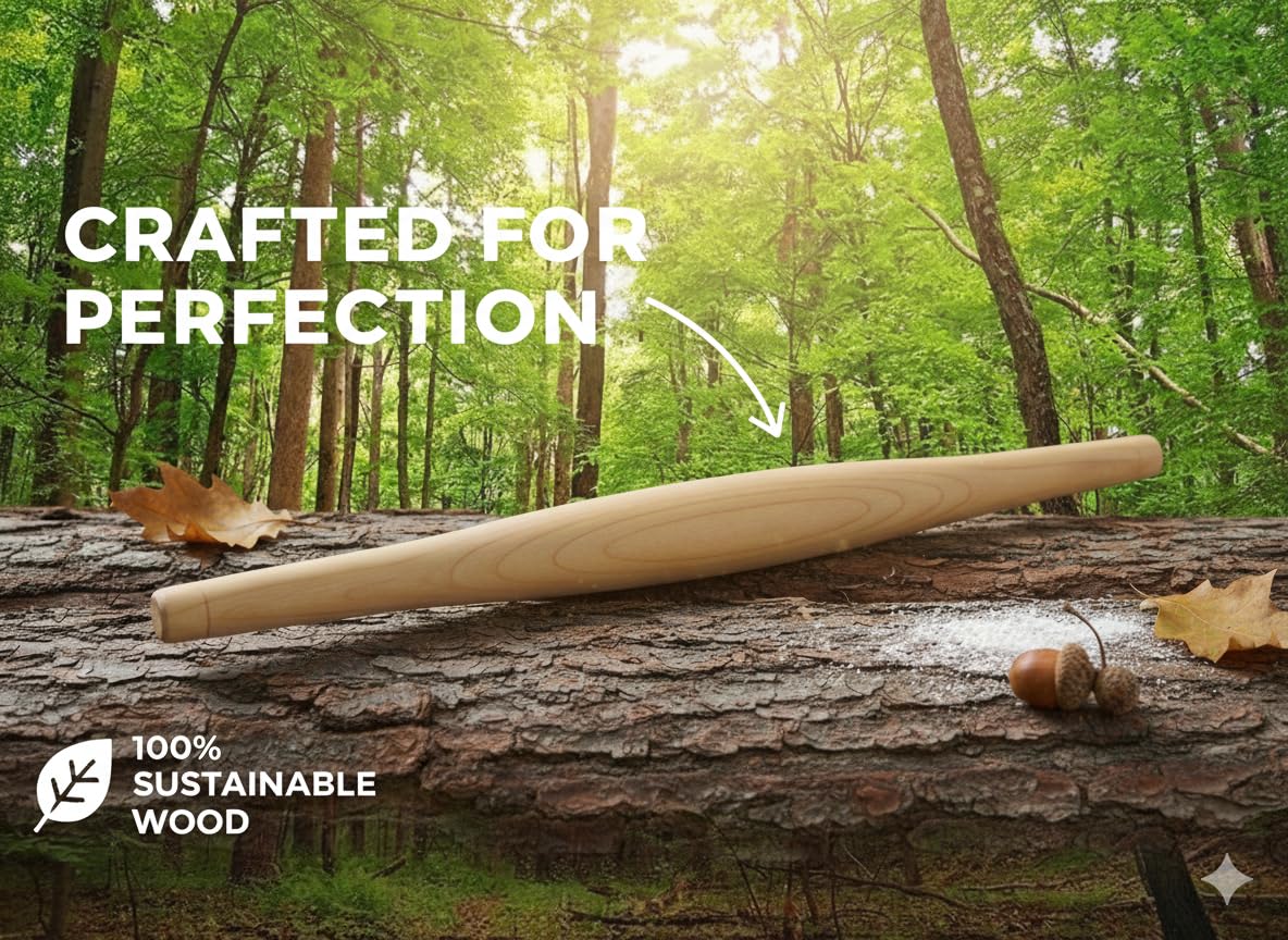 16Inch Professional French Rolling Pin for Baking Premium Sal Hardwood Dough Roller for Pizza Pastry Fondant & Cookies Lightweight Durable & Moisture Resistant Tapered Wood Roller for Kitchen