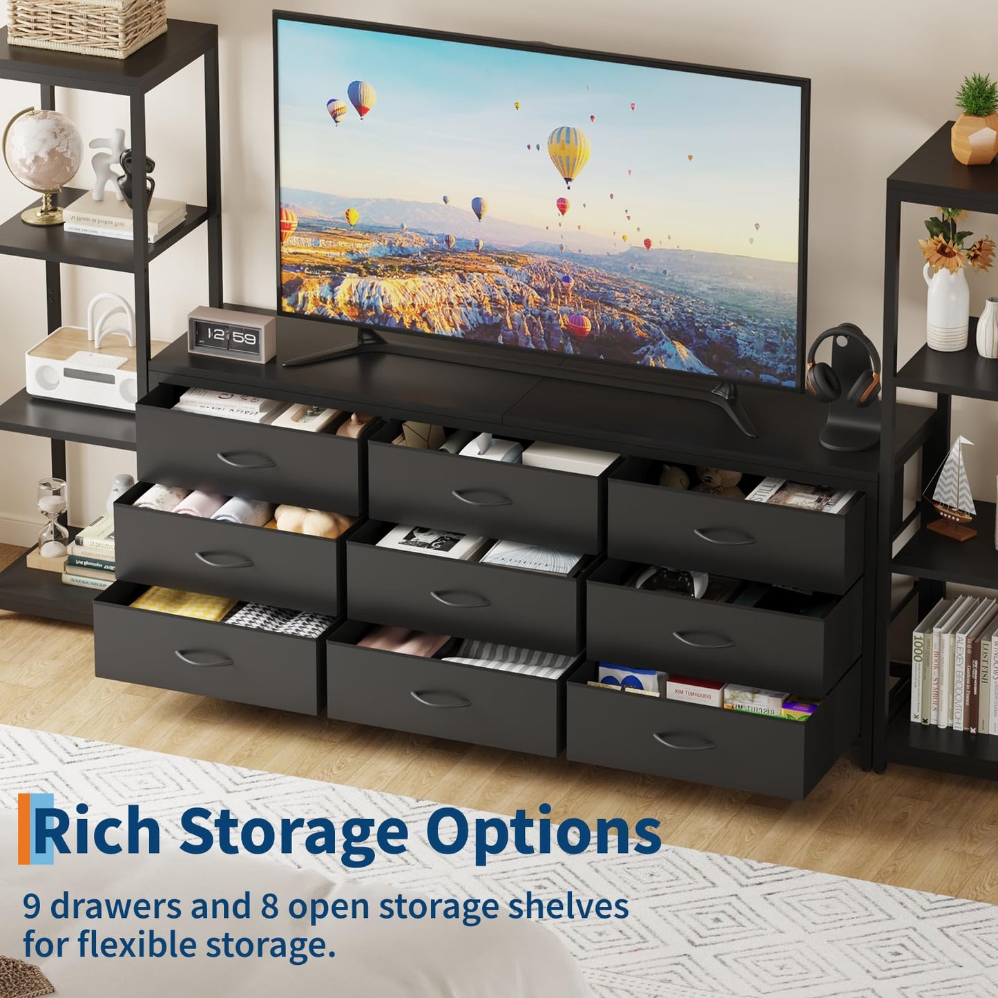 GarveeHome TV Stands Dresser with 9 Fabric Drawers, Large Entertainment Center with 2 Industrial 4-Tier Storage Shelves, Modern TV Console Cabinet for Living Room