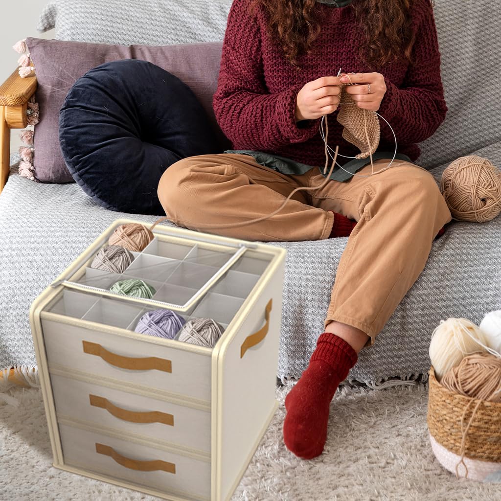 Temlum Yarn Storage Organizer with 3 Stackable Trays, Large Yarn Storage Container with Adjustable Dividers Crochet Storage for Yarns, Crochet Hooks, Knitting Needles, Crochet Accessories