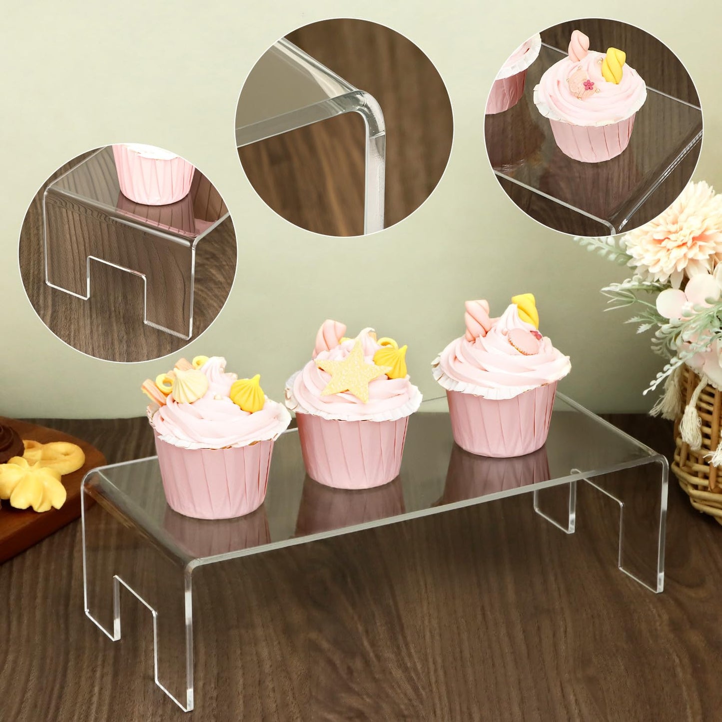 QWORK Clear Acrylic Display Risers Stand, 2 Pack 5mm Thick Transparent Showcase Shelves for Dessert Cupcakes Perfume Toys Cosmetics Jewelry Collectibles, 12x5x3.3 Inch Display Shelf