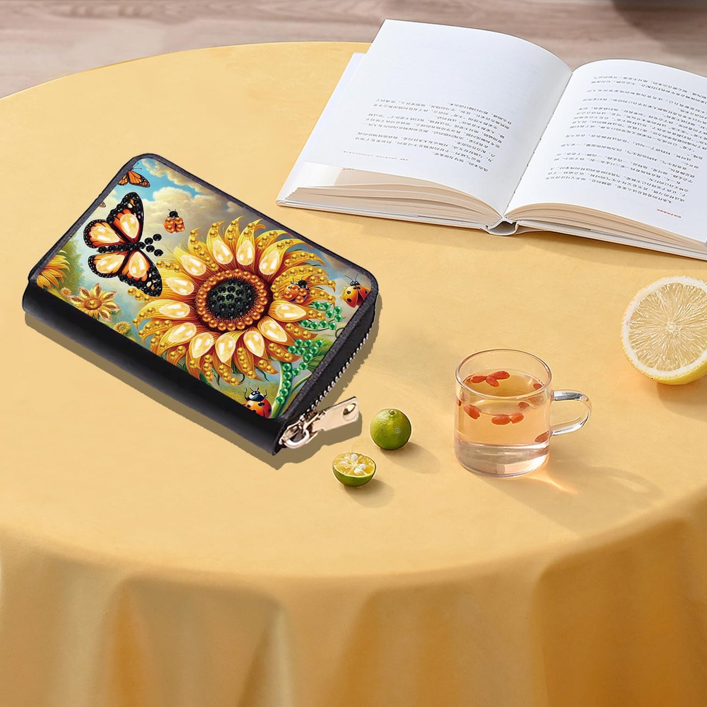JZHYOAN Sunflower Diamond Art Credit Card Holder DIY Butterfly Pattern Zipper Business Small Wallet Coin Purse Keychain Gem Arts Card Holder Wallet Family Adult Man Woman Craft Gift