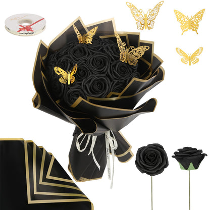 UUXX Black Roses 25 PCS Foam Flowers 3.15" Artificial Roses with Stems, Wrapping Paper, Butterfly Black Foam Fake Roses for Valentines, Anniversary,Mother's Day Birthday Wedding