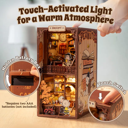 puremind Snoopy Peanuts Book Nook Kit, 9.3" 3D Wooden Puzzle DIY Miniature Kit with LED Lights, Book Cafe Bookshelf Insert Diorama Gift for Adults and Snoopy Fans