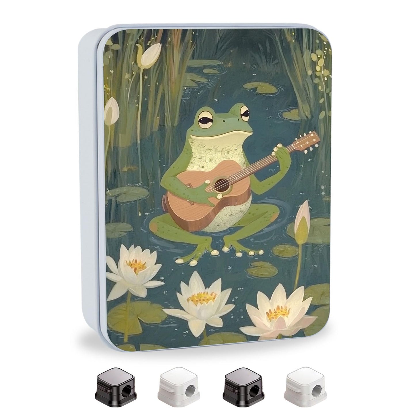 VACGBJPG Metal Tin Box with Lid,Multi-functional Storage Large Box Can Store Tea Biscuits Game Cards, Playing & Tarot Cards-Comes with 4 Magnetic Cord Clips,Frog Playing Guitar