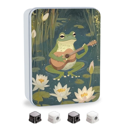 VACGBJPG Metal Tin Box with Lid,Multi-functional Storage Large Box Can Store Tea Biscuits Game Cards, Playing & Tarot Cards-Comes with 4 Magnetic Cord Clips,Frog Playing Guitar
