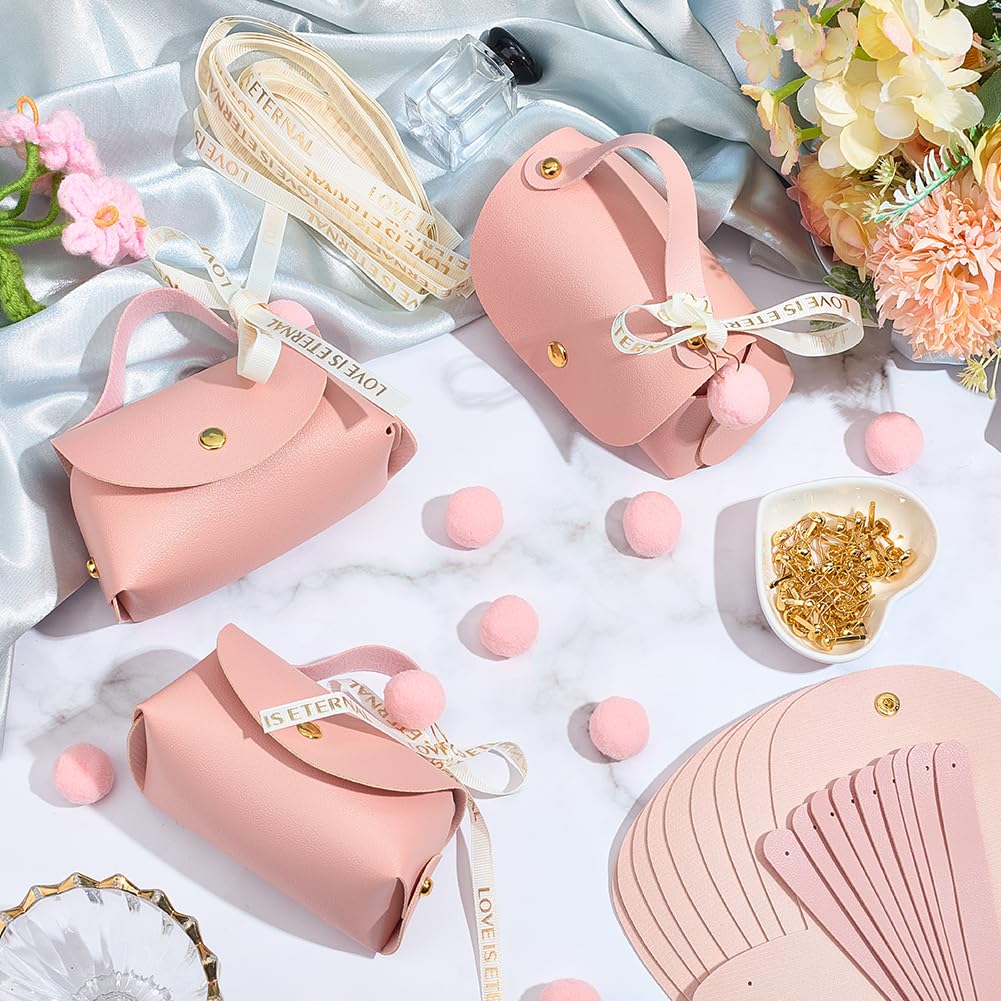 CALFOVERA 12 Sets Pink PU Leather Party Favor Boxes Mini Leather Gift Wrapping Handbags Reusable Chocolate Candy Bags Elegant Treat Purses with Ribbons for Birthday Wedding Halloween Christmas
