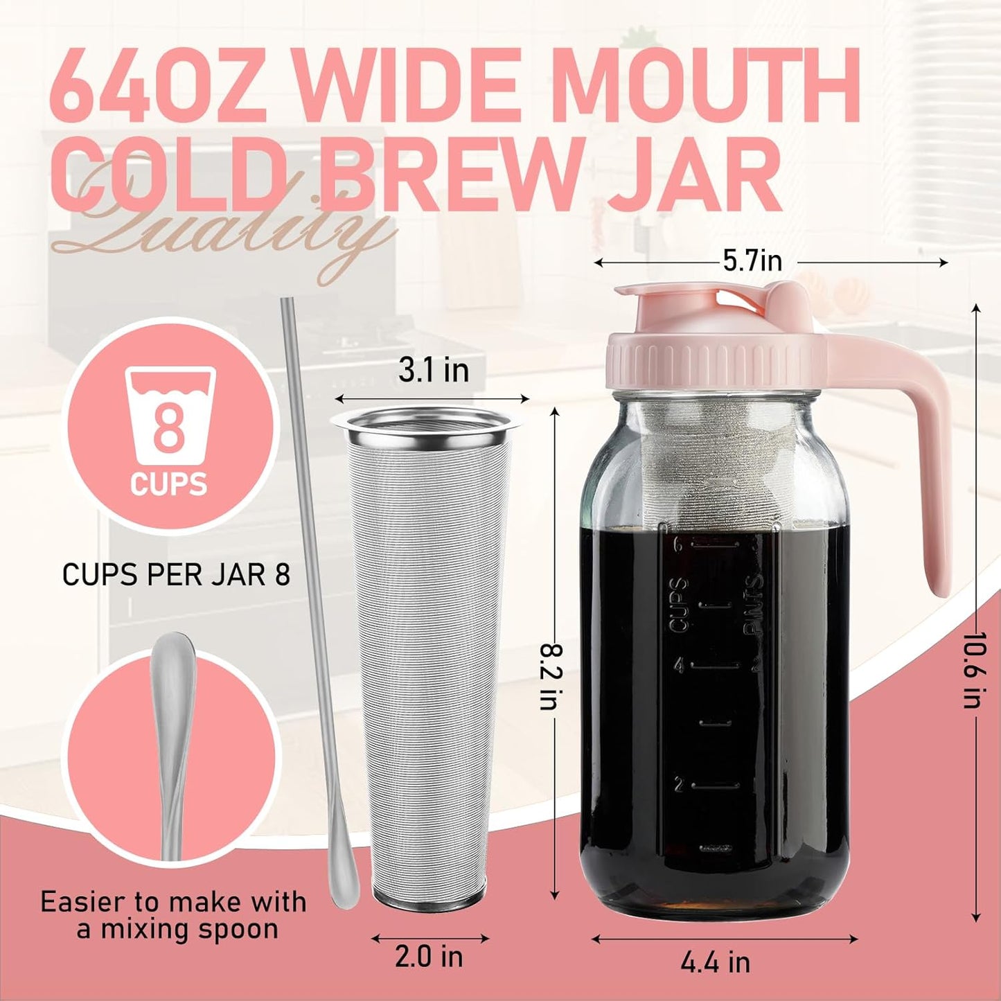 Cold Brew Coffee Maker with V-shaped Lid, 64oz Iced Coffee Maker with Stainless Steel Filter, BPA Free Pitcher