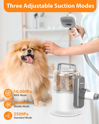 Dog Vacuum Grooming Kit for Shedding: Professional Hair Clippers Pet Groomer - Strong Suction Cleaner Deshedding Tool Fur Brush Attachment Trimmer for Home Cat (Deep White)